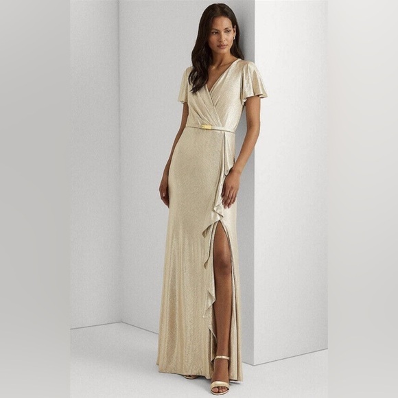 Lauren Ralph Lauren NWT Belted Metallic Knit Flutter Sleeve Gown Size 4 - Picture 6 of 12